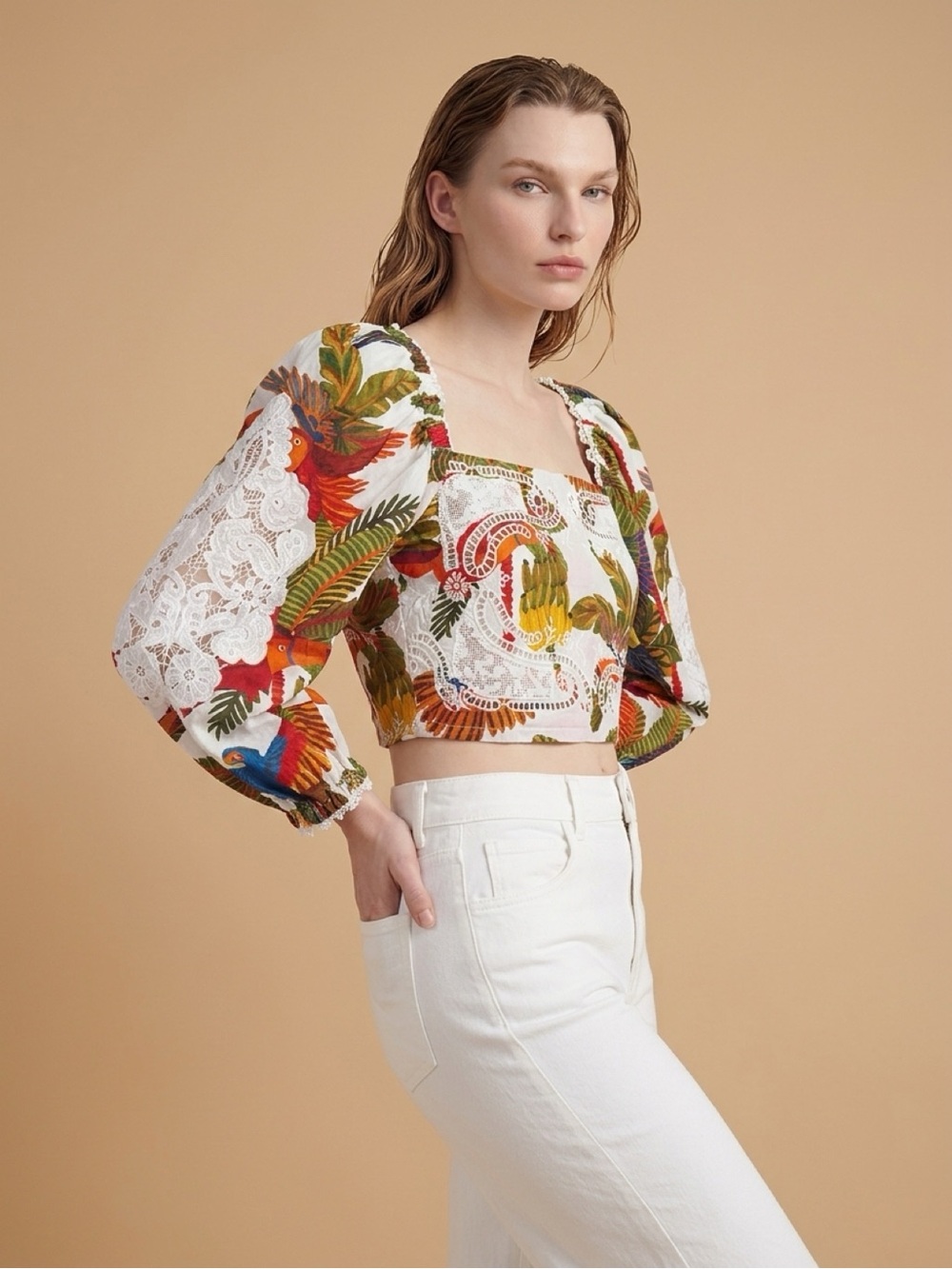 FARM Rio White Tropical Lace Puff-Sleeve Crop Top